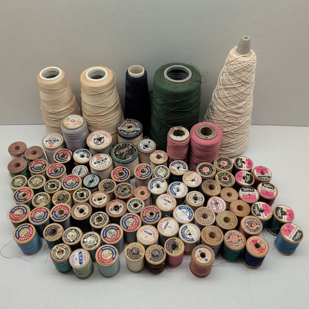 Vintage Sewing Thread Lot Coats & Clark Star Talon Wood Spools Cones Mixed Color